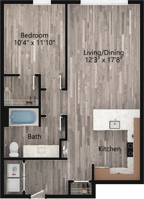 Floor plan for 1 bed, 1 bath, 822 sqft